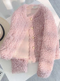 Sweet Pink Faux Lamb Coat Women Cute Slim Long Sleeve Vintage Jacket Winter Warm O Neck Elegant Korean Female Casual Tops