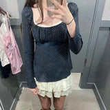 Pbong  Euramerican Sweet Fashion Popular Polka Dot Print T Shirts Y2k U Neck Long Sleeve Lace A-line Women Clothes High Street Punk Top