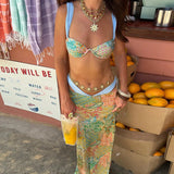 Summer Sexy Print 3 Pics Dress Set Women Pleated Bra + Low Waist Print Long Skirt Suit Female Summer Vacation Beachwear Suits