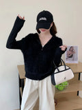 Fuzzy Sweater Hoodie Zip-Up Mohair-Knit Cardigan Women Long Sleeve Hooded Crop Top Knitwear Fall Winter Teen-girl Y2K Outfit