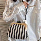 Pbong  Vintage Striped Crossbody Bag, Wooden Frame Kiss Lock Clutch with Adjustable Strap, Retro Casual Shoulder Purse for Women