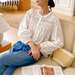 Elegant Pretty  Blouses Shirts Women Tops Floral Whole Piece Embroidery Long Sleeve O Neck Boho 100% Cotton Blouse Shirt Autumn