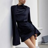 Pbong  New Autumn and Winter Advanced Light Luxury Flared Sleeve Dress Women's Elegant Pleated Date Party Evening Solid Dress