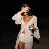 Sexy Hotgirl Ruffle White Cardigan Beach Bikini Thin Sunscreen Clothes Flare Sleeve Transparent Summer Cover-up Women Long Dress