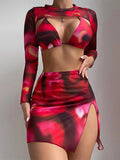 Print 4 Pieces Triangle Halter String Bikini Swimsuit Women Swimwear Female Bathers Bathing Swimming Swim Suit
