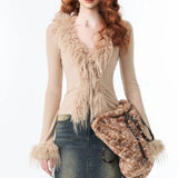 Korean Sexy Fashion Grunge Cardigan Y2k Aesthetic V-neck Jacket Women Harajuku Vintage Bandage Fur Patchwork Coat 2025 Autumn