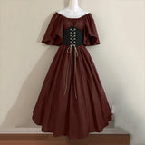 Pbong  Halloween Costumes for Women Medieval Retro Contrasting Color Slim Swing Dress One-word Shoulder Dress Love Live Cosplay
