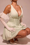 Pbong  Summer Elegant Chic Mini Dresses Green V-neck Backless Women Sleeveless Sexy Tiered Ladies Party Dress Vestidos New