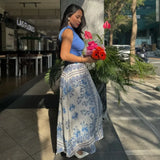 Women's Fashion Retro Vacation Style Blue Flower Printed High Waisted Skirt Boho Women Summer Skirt 2025 New Female Clothing