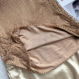 Pbong   Luxury Evening Party Golden Two-piece Skirts Sets Sexy Backless Halter Tops Korean Fashion High Waist Mermaid Skirts Suits