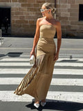 Women Solid Pleated  Hem Patchwork Long Dress Fashion Backless Strapless Sleeveless Slim Maxi Dresses Sexy Vocation Streetwear