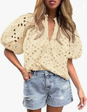 Pbong  Fashionable Casual Lace Embroidery Women's Shirt V-Neck Button Hollow out Lantern Sleeve Summer Top Cross-Border Clothing
