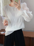 Pbong  Korean All Match Lady Loose Blouses for Women O-neck Flare Sleeve Solid Color Shirts Fashion Pleated Tops