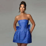 Jacquard Waist Wrap A-line Dress Women Mini 2024 Spring Summer Dress Elegant Bow Backless Sexy Party Dresses