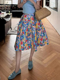 Pbong  Retro Floral Midi Skirt Women Elegant High Waist Vintage Ball Gown Skirts Summer Sweet Korean Female Prairie Chic Skirt