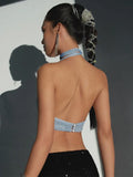 Blue Bright Silk Halter Top Glitter Tanks Ruched Crop Backless Vests Sexy Camis Summer Outfits