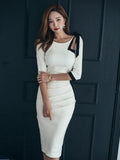 Korean Elegant Women Evening Dress Chic Retro Hollow Folds Skinny Slim Slit Midi Party Club Gown Formal Lady Femme Mujer Vestido