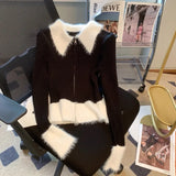 Y2K Zipper Front Rib Knit Top for Women Contrast Fuzzy Collared Zip-Up Sweater Crop Cardigan Autumn Winter Teen-girl 90s Outfit