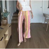 Pbong  Multicolor Striped Linen-Blend Wide Leg Pants High-Waisted Lightweight Spring Summer Chic Boho Women Vacation Casual Outfit