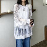 Oversized Crochet Top for Women Long Sleeve Crew Neck Casual Open-knit Sweater Pullovers Top Teen-girl Grunge Y2K Outfit