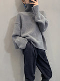 Lazy Wind Grey Turtleneck Sweaters Women Vintage Loose Knitted Pullovers Streetwear Retro Harajuku Long Sleeve Simple Tops
