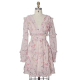 Pbong  Pink Slim Fit V-Neck Long Sleeve Floral Print Chiffon Short Dress Women Bohemian Sweet Style High Waist A-Line Skirt Spring D...