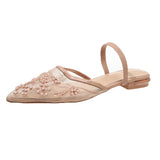 Pbong  Women's Embroidered Mesh Pointed Toe Flat Open-Toe Slippers, Half Slippers for Outdoor Wear, Single Shoes with a Strap