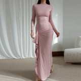 Elegant O-neck Draped Irregular Long Dress Women Causal Long Sleeve Solid Party Dress Fashion Hight Waist Slim Evening  Dresses