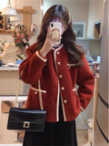 Red Faux Lamb Sweet Coat Women Korean Long Sleeve Winter Warm Jacket Vintage Casual O Neck Elegant Pearls Buttons Cute Tops