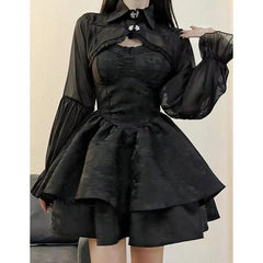 Black Sexy Lolita Dress Women Gothic Vintage Mini Dresses Harajuku Halloween Cosplay Costumes Long Sleeve Fairy Dress Woman