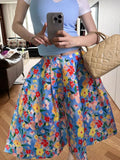 Pbong  Retro Floral Midi Skirt Women Elegant High Waist Vintage Ball Gown Skirts Summer Sweet Korean Female Prairie Chic Skirt