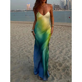 Pbong  Women's Summer Boho Cami Long Dress Gradient Color Spaghetti Strap V-Neck Backless Beachwear Party Maxi Sundress