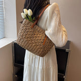 Bohemian Straw Tote Bag with Brown Faux Leather Straps Inner Pouch Spacious Woven Shoulder Purse for Vacation Casual Outings