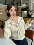 Sweet Sailor Collar Sweaters Women Vintage Preppy Style Fall Knitted Jumpers Casual Long Sleeve Lady Loose Striped Pullover New