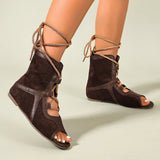 Pbong  Women's Large Size Retro Dark Brown Mid-Calf Boots, Summer High-Top Sandals, Peep-Toe Roman Sandals, Women's Beach Shoes