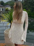Deep V-neck Tight Short Dress Flare Sleeve Thin Lace Embroidery Sexy Summer Women Dress Fashion Party Clubwear Vesidos 2025 New