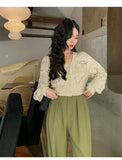 Long Sleeve Pointelle Knit Top Women Sweater Cardigan Sheer Button-up Sweater Jacket blusas para mujer Vacation Boho Outfit
