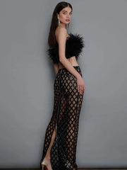 Sexy Luxury Sequins Feather Strapless Top+ Skirt Two Piece Set White Black Off Shoulde Sequins Mesh Splice Bodycon Two Piece Set