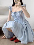 Pbong  Sweet French Blue Dress Women Elegant Lace Patchwork Retro Sexy Mini Dress Casual Square Collar Flying Sleeve Vestidos New