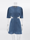 Blue Elegant Women Denim Dresses Short Sleeve Hollow Out Ruffled Dress Office Ladies Ruched Wash Jeans Dress