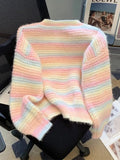 Women Chic Rainbow Sweater Loose Cute O Neck Long Sleeve Knitted Jumpers Fall Winter Lazy Wind Japan Fashion Sweet Pullover