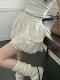Pbong  Cute Bow White Skirts Women Sweet High Waist Lace Patchwork Mini Skirt Korean Fashion Preppy Style Lady Elegant Cake Skirts