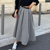 Retro Chic High Waist Gray Elegant Women Skirt Solid Color Zipper Pleat Long Skirt Fashion Office Lady Woman Clothing 2025 New