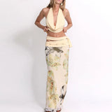 New Sexy Backless Halter Tops&Slim Printed Long Skirts Suit Elegant Swinging Collar Sleeveless Tops Half Skirt 2 Piece Set Women