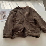Pbong  Women's Lamb Wool Cardigan Sweatshirt Solid Color Thick Fleece-Lined Niche Ballpark Jacket Autumn/Winter Japanese Style Student