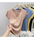 Summer V-Neck Short Sleeve Thin Tshirts Women Pastel Colored Button Knitted T-Shirts Teen-girl Stretch Fitted Tees Y2K Clothing