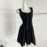 Pbong  Women's Red Sleeveless V-Neck Bodycon Dress Bow Decor Ruffled Flared Mini Dress Elegant Party Date Casual Slim Fit Dress