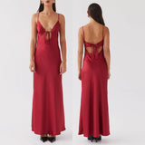 Pbong  Women's Elegant Solid Color Adjustable Thin Shoulder Straps Cutout Tie-Up Front Backless Summer Long Cami Silky Dress
