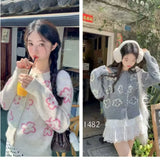 Cute Floral Knitted Cardigan for Women Cozy O-neck Button Front Sweater Jacket Teen-girl Fall Winter Korean Fashion Outfit
