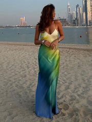 Women Fashion Sexy Backless Contrast Printing Sling Maxi Dress Chic V-neck Sleeveless Dresses Female Elegant Beach Party Vestido
